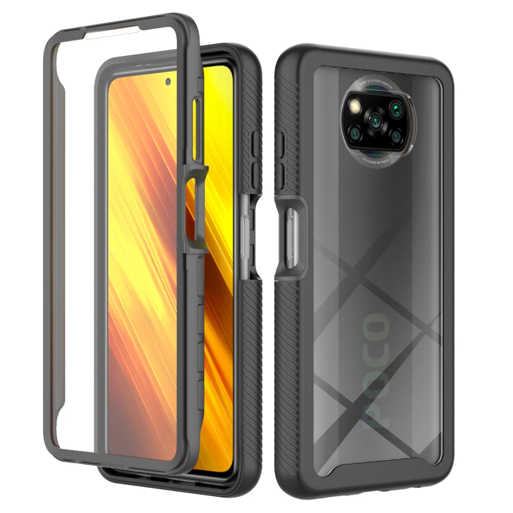 Heavy Duty Full Protection Shockproof Case For POCO X3 NFC  Pro Soft TPU + PET Front Film Transparent Acrylic Back Cover Coque