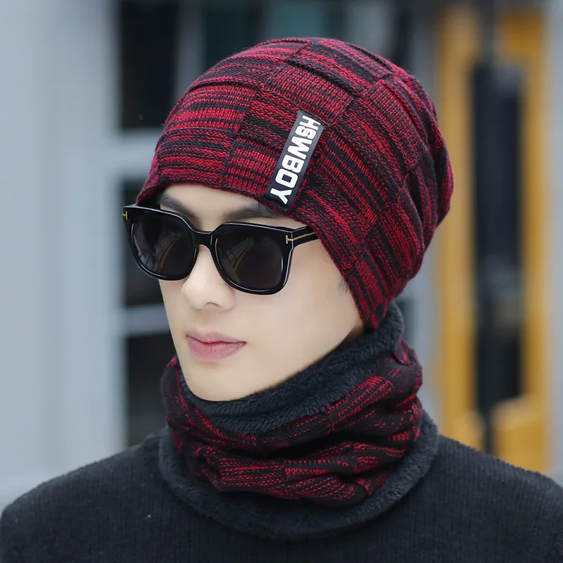 H7494 Men Plush Thickened Beanie Hat Korean Autumn Winter Warm Knitted Cap Scarf Male Adult Ear Protection Biking Skullies Hats
