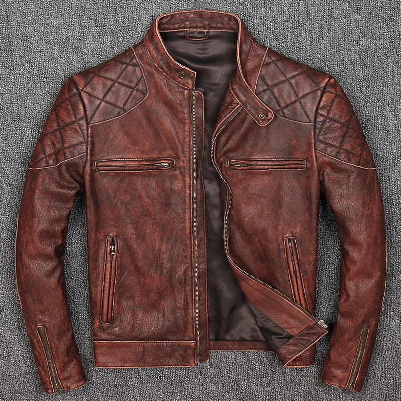 2020 Vintage Brown Men Genuine Biker's Jacket Plus Size XXXL Thick Cowhide Autumn Russian Leather Coat FREE SHIPPING