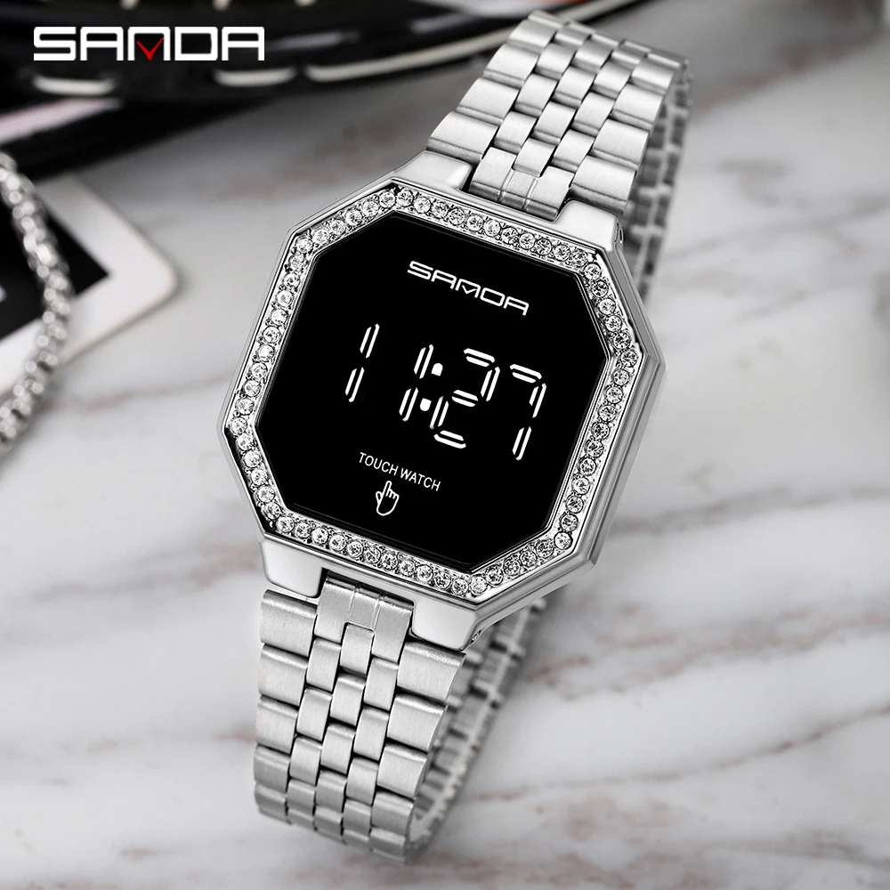 Women Sport Watch Touch Screen Digital Ladies Small Dial Stainless Steel Bracelet Clock Waterproof Watches Female Relogio