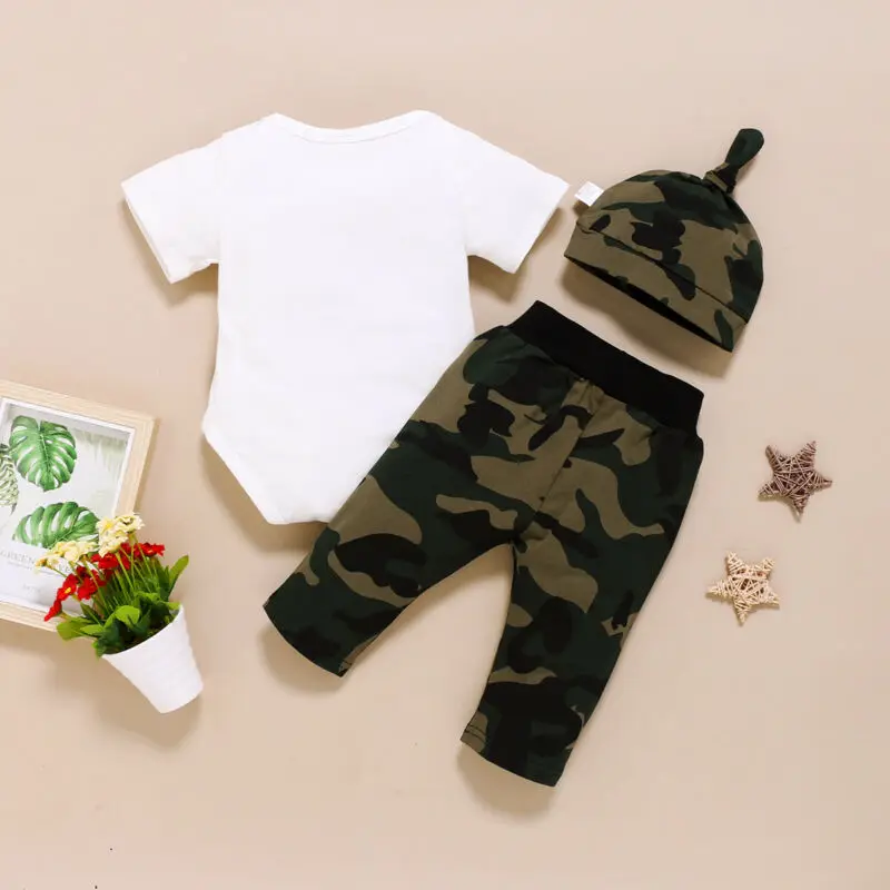 Neugeborenes Baby Kleidung Brief Print Romper Tops Camouflage Lange Hosen Camo Hut Outfits Kleidung Set