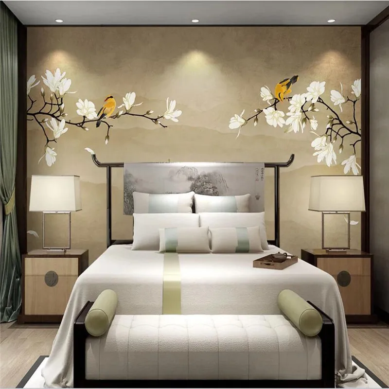 Custom mural wallpaper Chinese style magnolia flower hand-painted flowers and birds background wall decoration painting