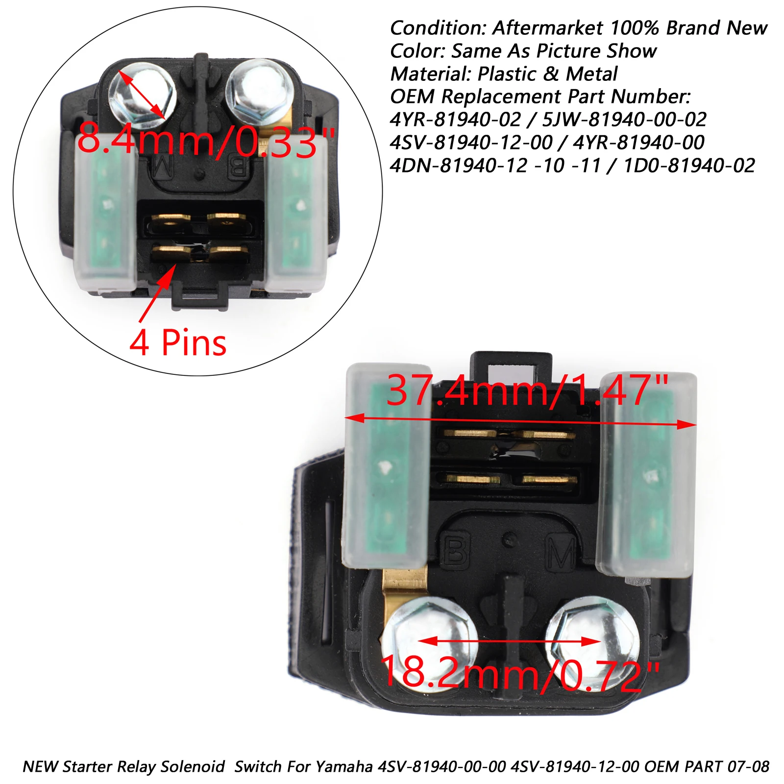 Artudatech Starter Relay Solenoid Switch For Yamaha YXR 660 Rhino 2004 2005 2006 2008 4YR-81940-02 5JW-81940-00-02 Motor Parts