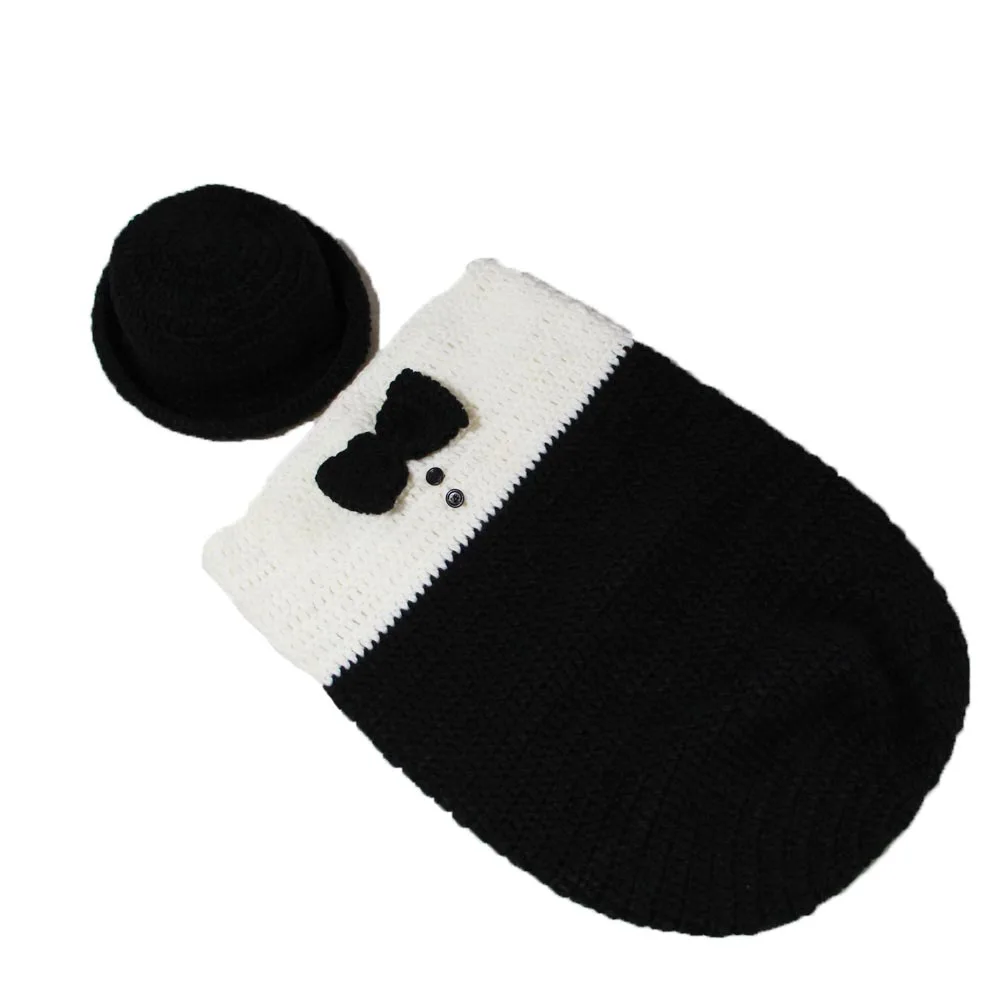 BomHCS Black White Gentleman Outfits Baby Hat Infant Crochet Knit Costume Photography Prop Newborn Cosplay Sleeping Bag