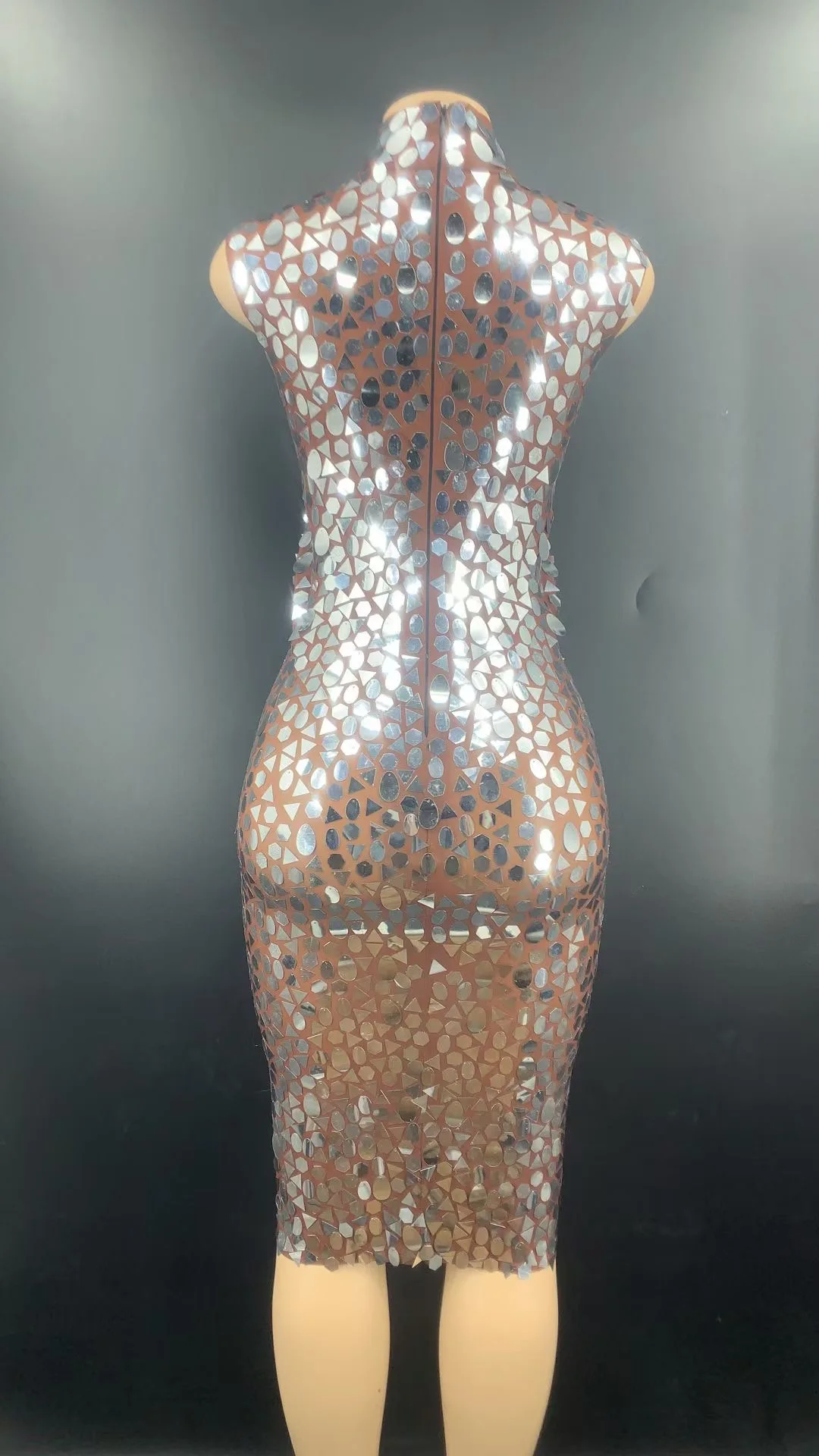 Women New Sexy Shining Silver Sequins See Through Dress Birthday Celebrate Perspective Stretch Dress Stage Costume Dance Outfit