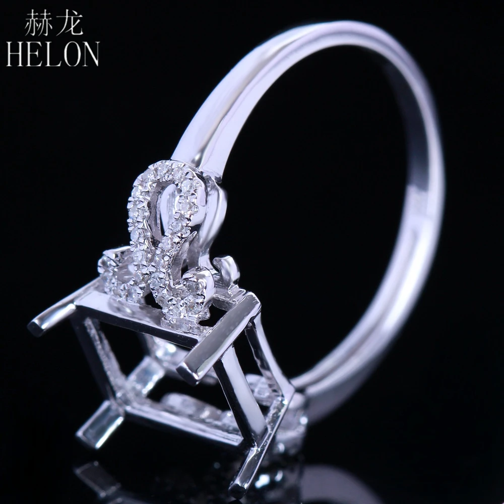 HELON Emerald Cut 9x7-10x8mm Solid 14K White Gold Pave Natural Diamonds Trendy Fine Jewelry Semi Mount Engagement Wedding Ring