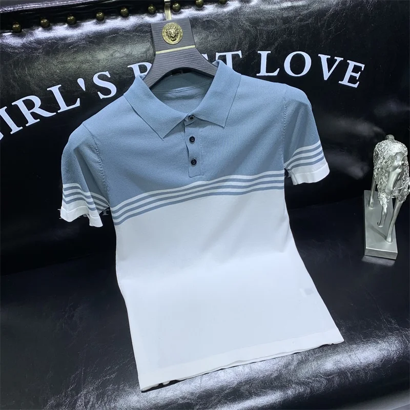 Summer 2022 Contrast Knit Striped Polo Shirt Men Fashion Short Sleeve Polo Camisa Masculina Polo Playera Polo Hombre Clothes A02