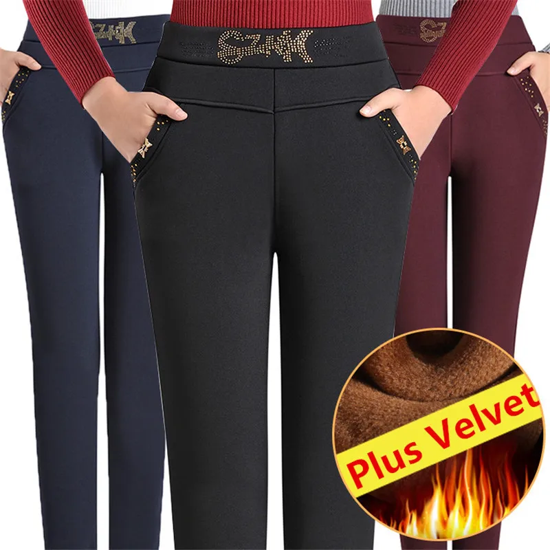 Autumn Winter Middl Aged Women Pants Warm Velvet Elastic High Waist Casual Straight Pants Female Trousers Plus Size Black P179