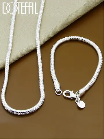 DOTEFFIL Silver Color 16/18/20/22/24/26/30 Inch Snake Chain Bracelet Necklace Sets For Women Man Fashion Charm Jewelry