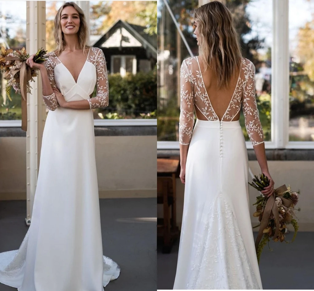 

Long Sleeve Wedding Dress Beach Simple V-Neck Floor Length Court Train Backless For Women Backless Lace Appliques Rsutic White