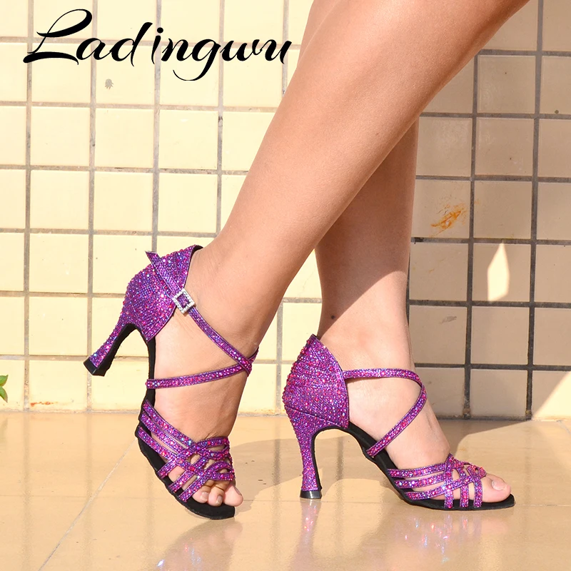 Ladingwu Latin Black Rhinestone Dance Shoes Women Salas Ballroom Shoes Cuba Heel 10cm Waltz Soft Bottm Hot Sale dance Shoes