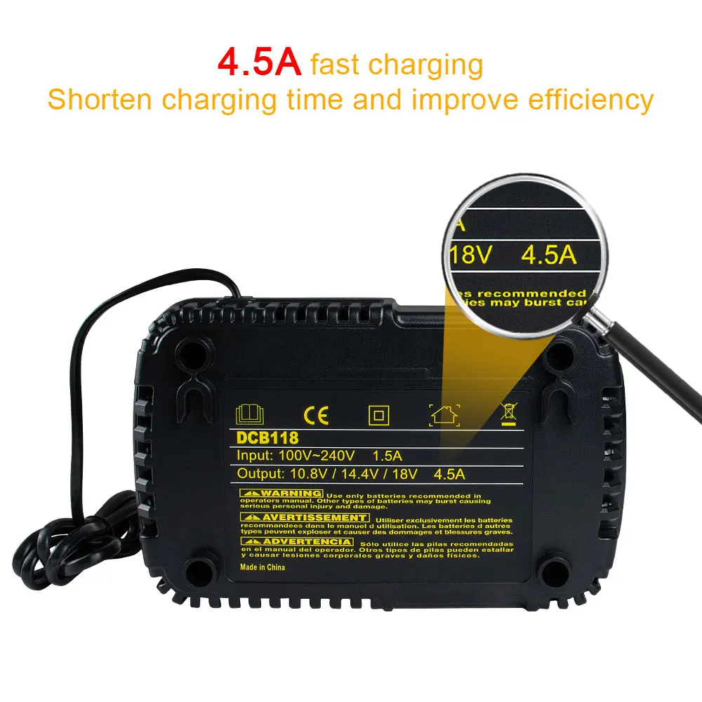 Waitley DCB118 Li-ion Battery Charger Replacement Compatible with Dewalt Tool Fast Charging 4.5A 10.8V 14.4V 18V 20V DCB200