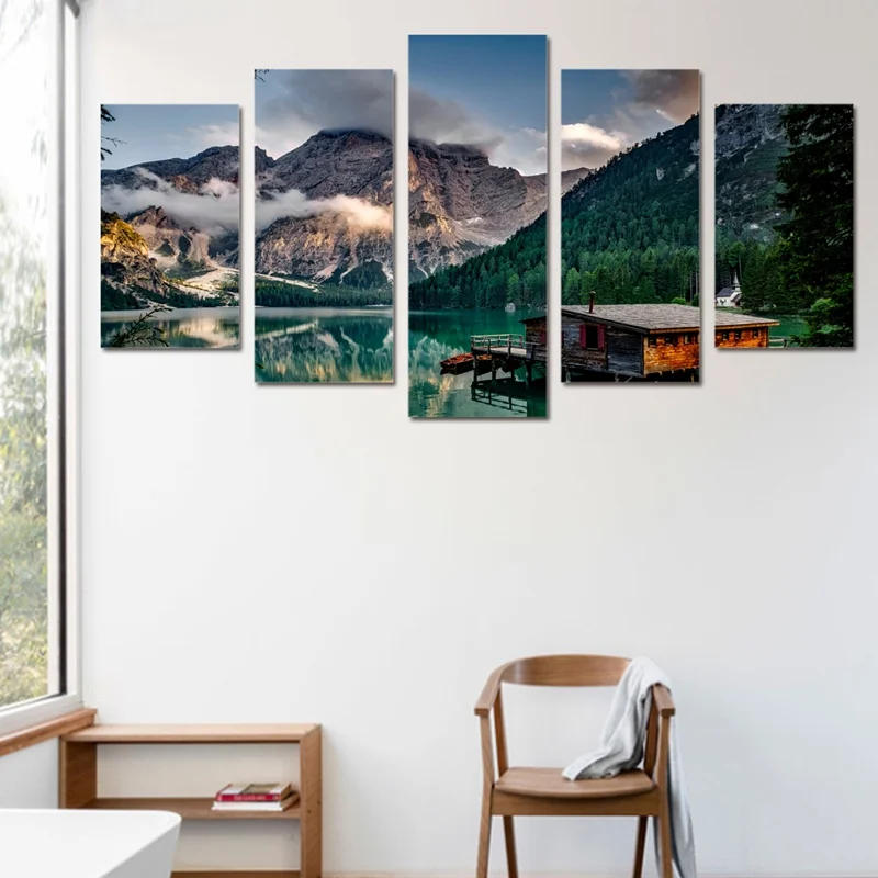 

Modern Home Decor Wall Art Canvas Poster Painting 5 Pieces HD Printed Lake Boat Mountain Landscape Modular Pictures Frame