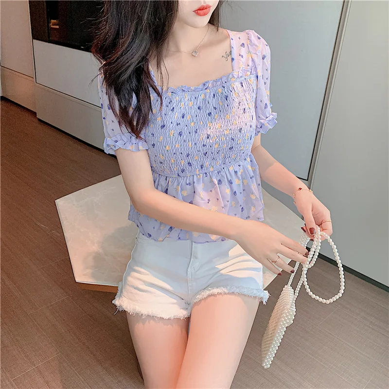 Women Summer 2020 Floral Ruffle Chiffon Blouse Top Women Square Neck Short Sleeve Designer Slim Waist Sweet Vintage Purple Shirt