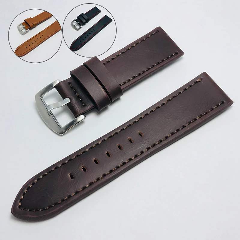 8/10/12/14/16/18/20/22/24mm Oil Wax Cowhide Leather Watch Strap Replacement Unisex Stainless Steel Buckle Bands Accessories