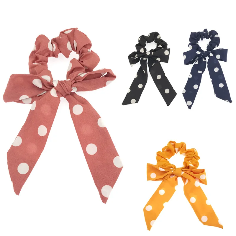 New Fashion Cloth chiffon Dot Streamers Scrunchies Women Hair Scarf Elastic Bow Hair Girls Hair Accessories