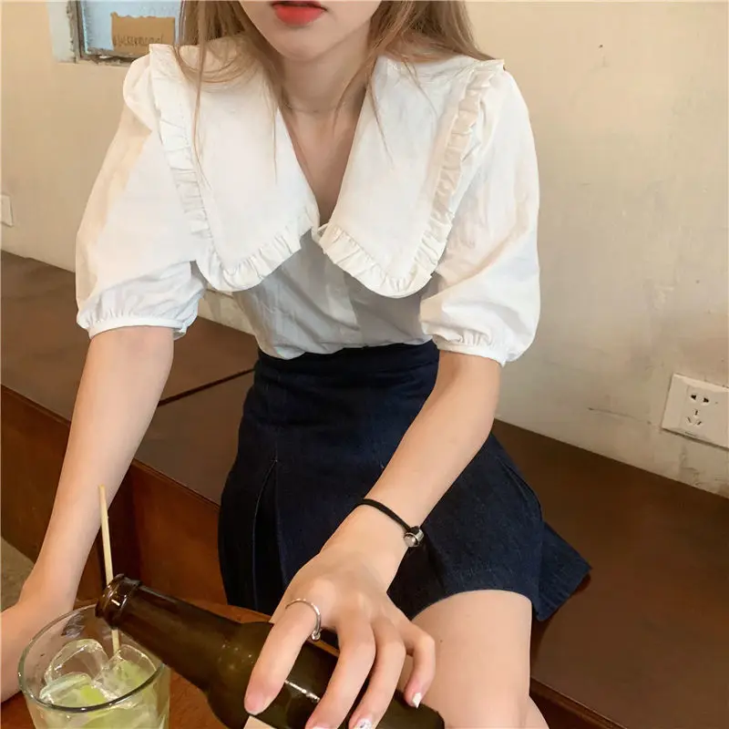 Shirts Women Fit Solid Puff Sleeve Summer Leisure Sweet Ulzzang Holiday Retro All-match Ladies Ins New Fashion Chic Tops Simple