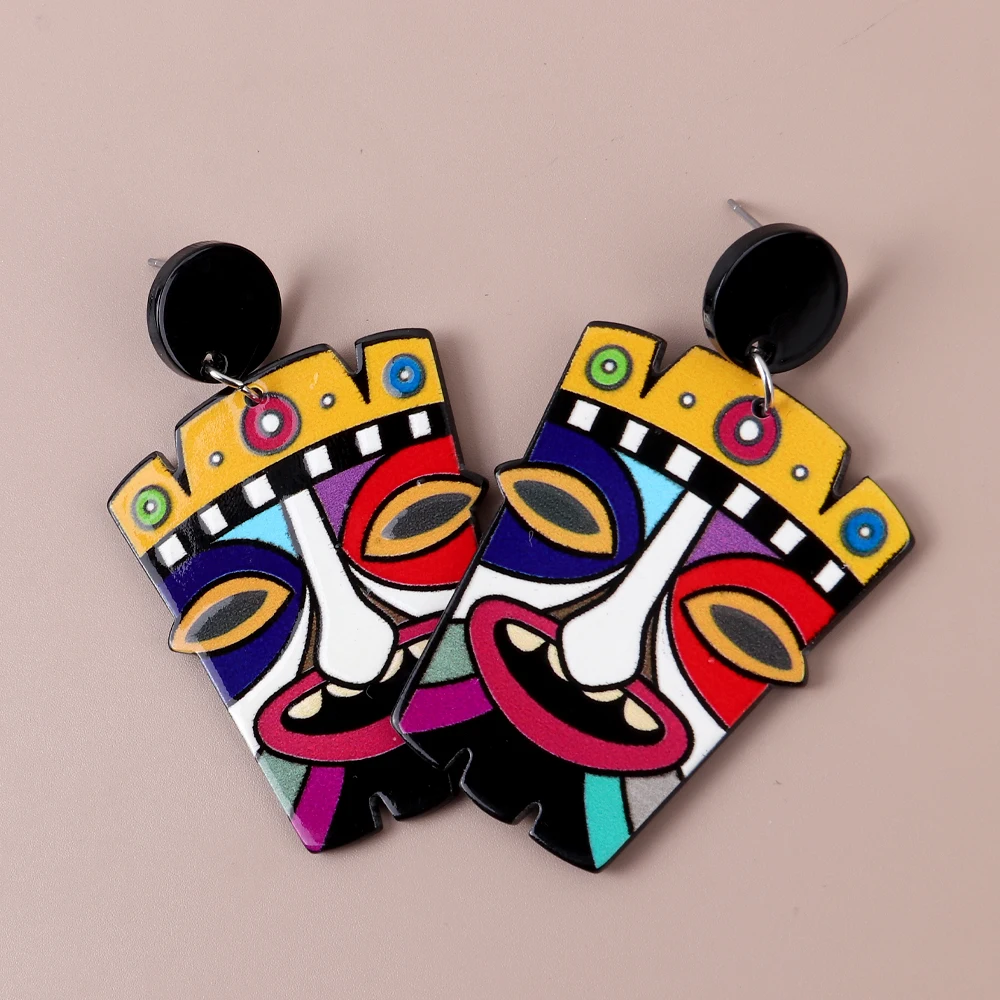 FishSheep Colorful Face Printed Acrylic Drop Earrings For Women Exaggerated Geometric Abstract Printing Earring Fashion Jewelry