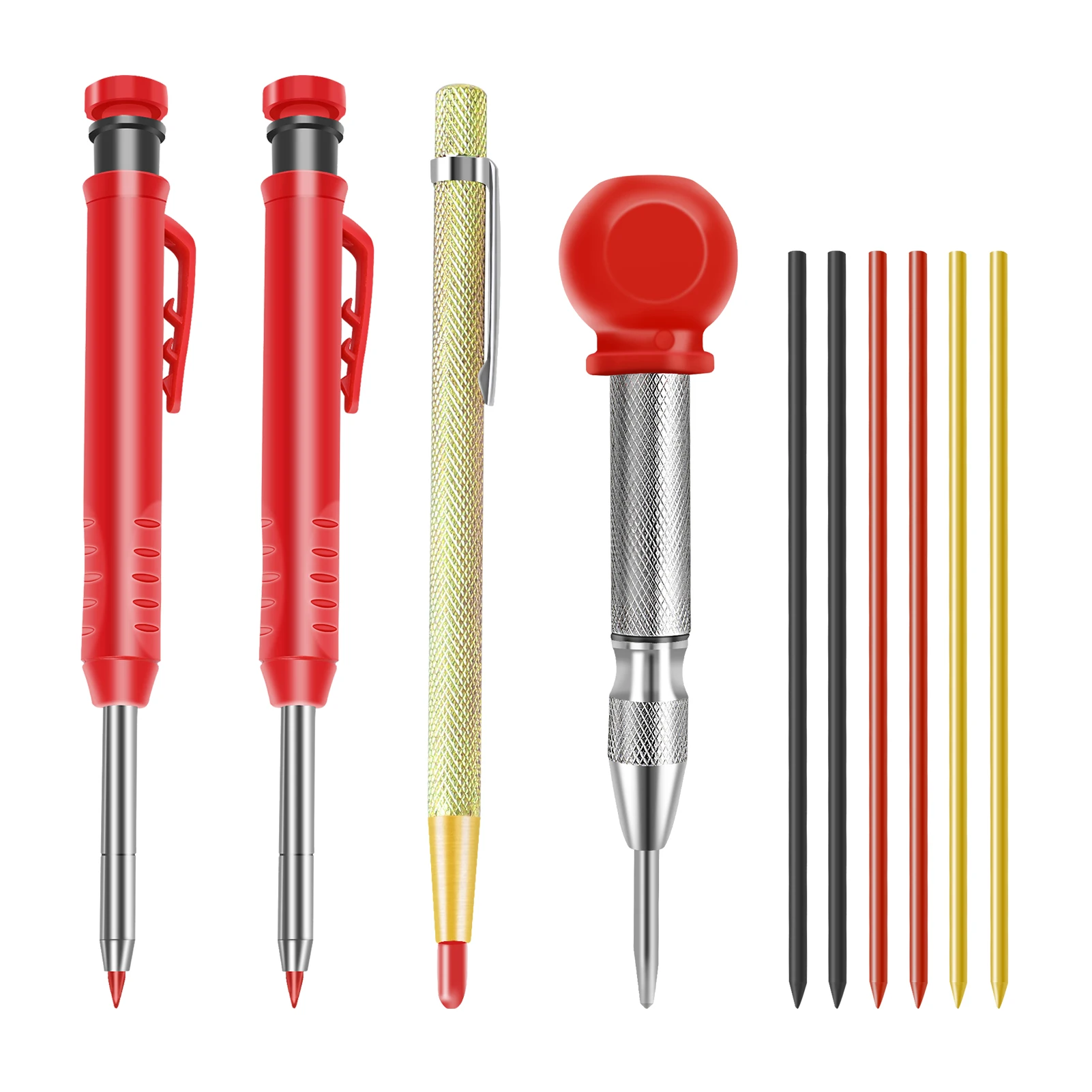 Carpenter Pencil Set Carbide Scriber Tools Tungsten Steel Marking Pen with Cap Automatic Center Punch 3 Colors Refill