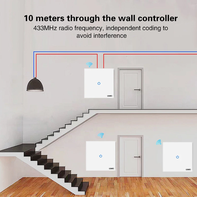 UBARO EU 433 RF Wireless Remote Switch Tempered Glass Panel Wall Touch Sensor Stair Light Button Led Indicator 1Gang 2 Way 220V