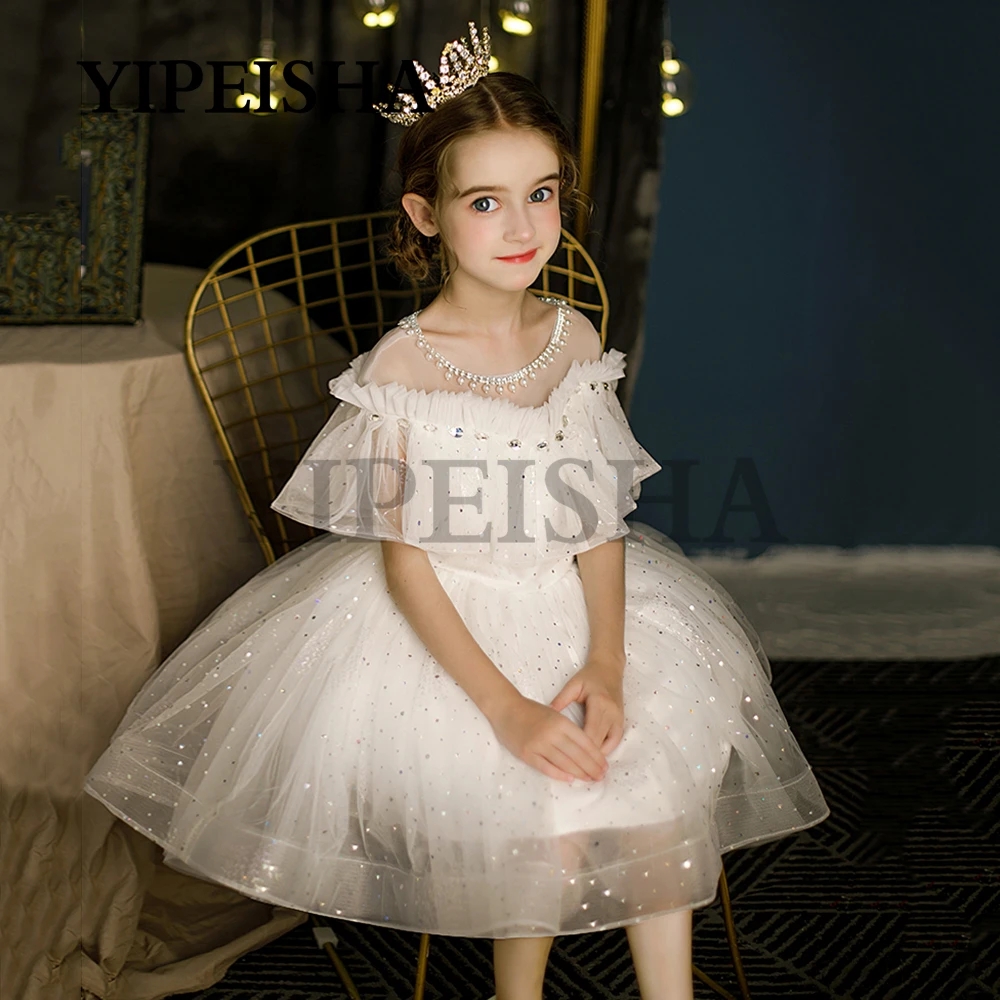 Scoop Neck perline Flower Girl Dress A-Line increspato Tulle abito da ballo principessa abbigliamento per bambini