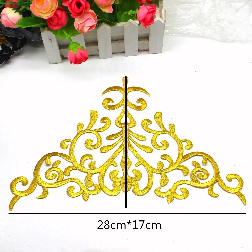 Iron On Gold Appliques Golden Cosplay Costumes Trims Metallic Embroidered Diy Dancewear Lace Patches 28*17cm