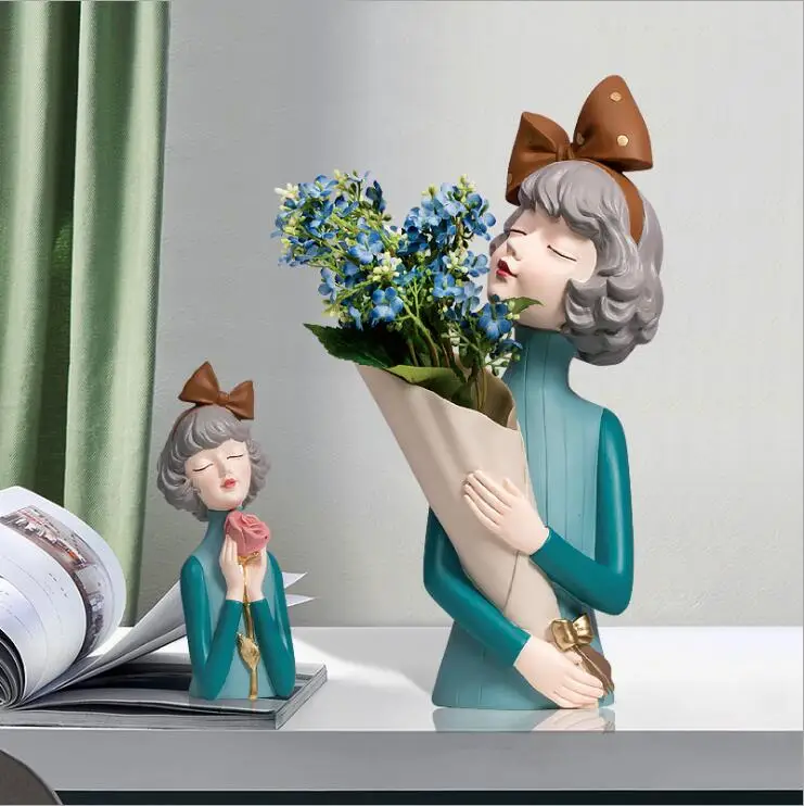 

Nordic Bowknot Girl Vase Resin Statue Ornaments Home Livingroom Desktop Sculpture Crafts Hotel Coffee Table Figurines Decoration