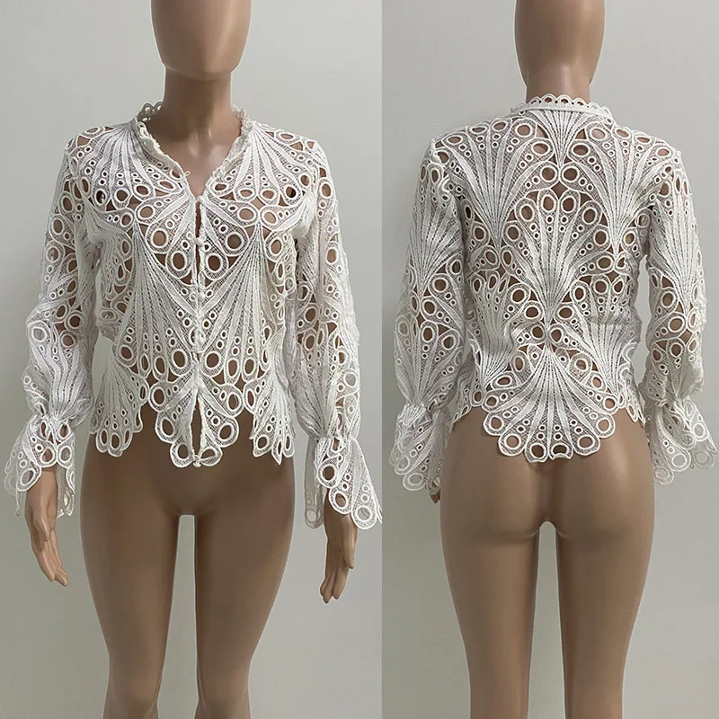 Sexy Hollow Out Floral White Blouses Tops Women 2021 Crochet Flare Sleeve Stylish Cropped Y2K Club Wear Shirts Blusas Elegantes