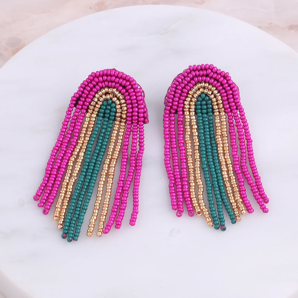 ZA Tassel Earrings Luxury Shiny Long Tassel Beads Handmake Rainbow-Shaped Dangle Drop Earrings For Women Fashion Jewelry Gifts