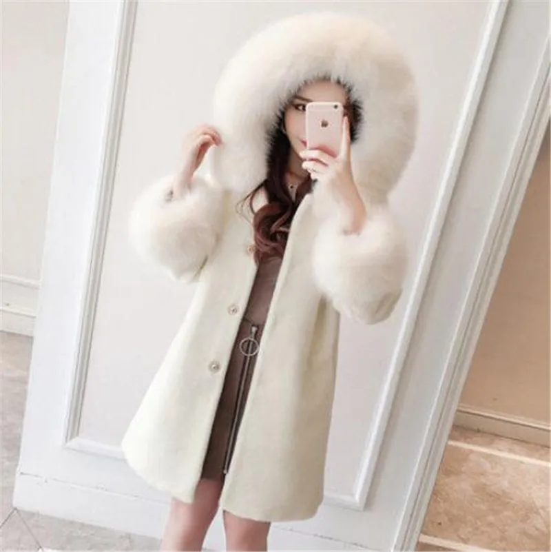 ZXRYXGS New 2023 Classic Imitation Fur Collar Hooded Women Coat Mid-length Jacket Faux Fur Fur Coat Warm Winter Women Clothing