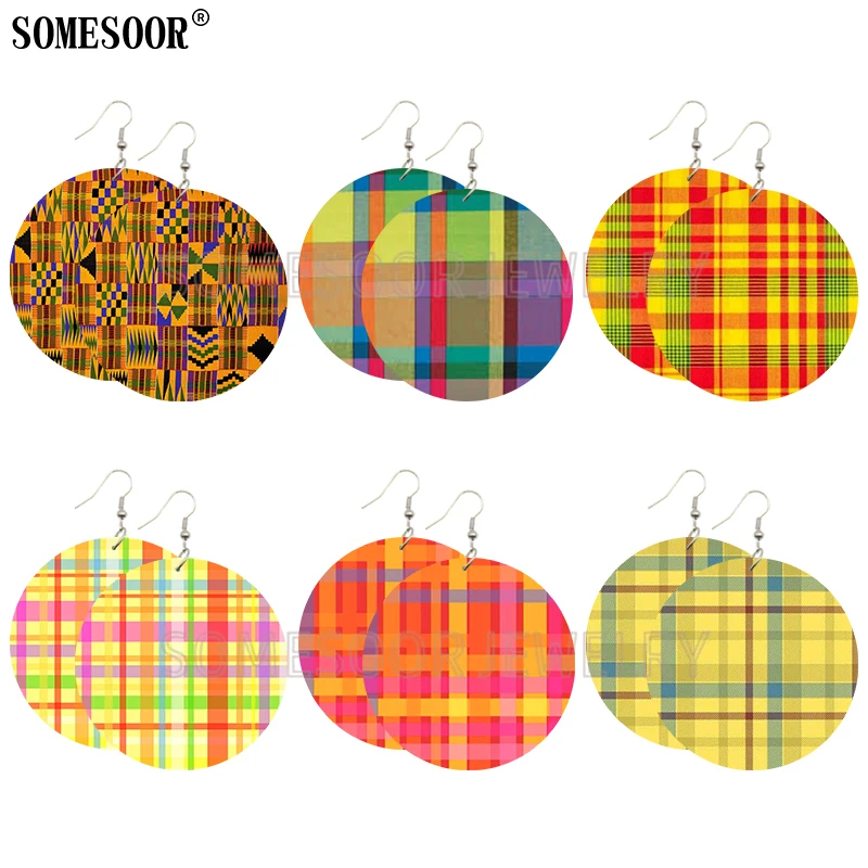 

SOMESOOR Mixed 6 Package British Style Plaid Fabric Wooden Both Sides Printing Round Drop Earrings For Women Gifts