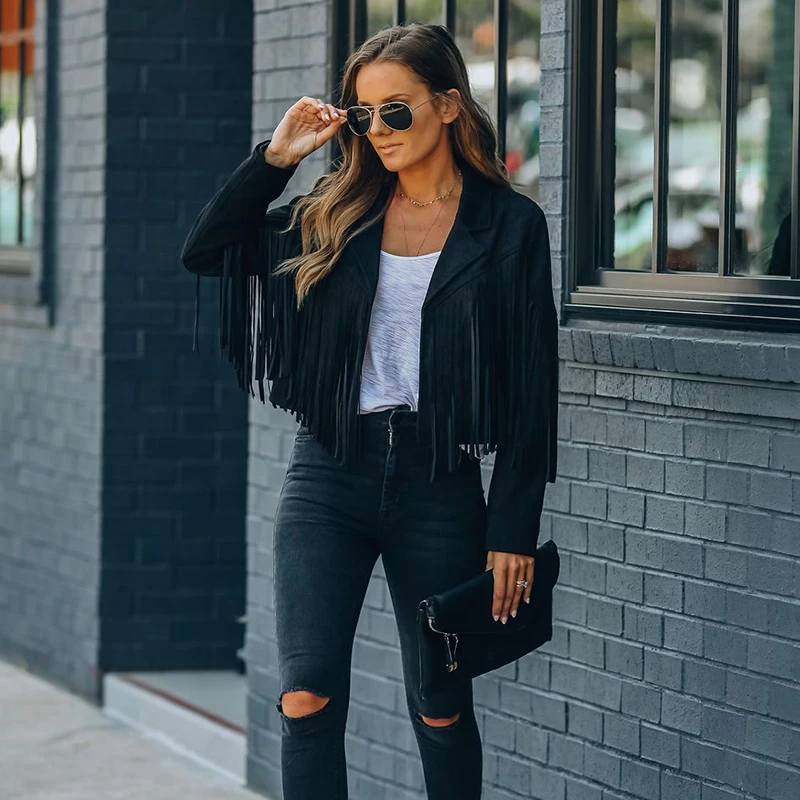 

Faux Suede Jacket Women's Motorcycle Lapel Handsome Jacket Fall 2020 Ladies Solid Fringed Short Coat Women Jackets