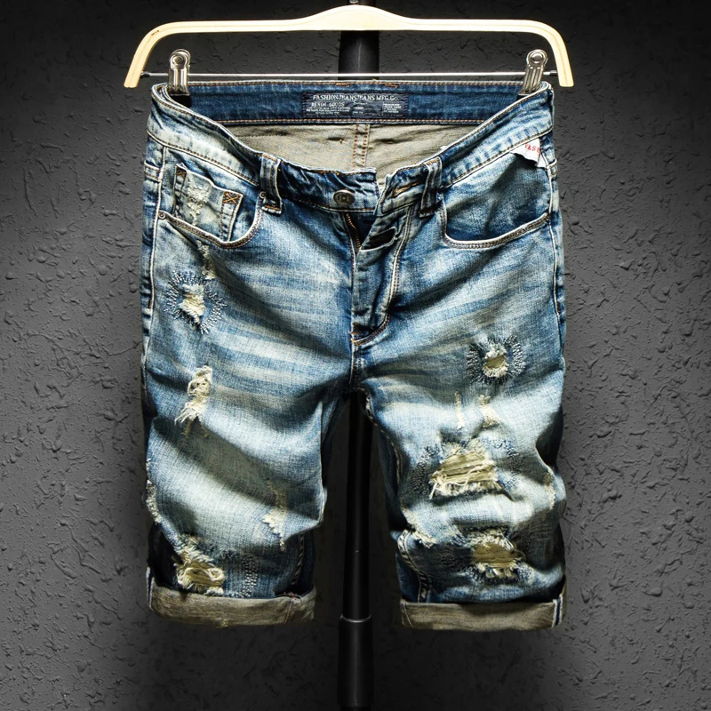 Ripped Jeans Men Denim Shorts Pants Retro Blue Stretch Slim Fit 2023 Summer Hip Hop Streetwear Torn Jeans For Man Shorts