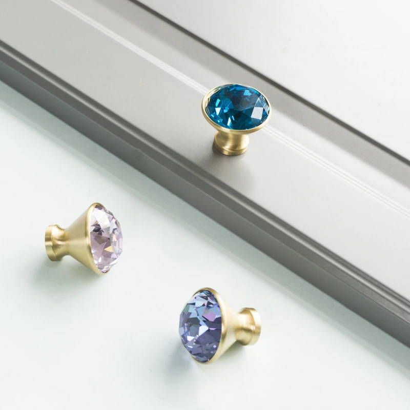 Luxury Brass + Colorful Diamond Crystal Furniture Handles for Cabinets Door Knobs Cupboard Kitchen Pulls Wardrobe Wall Hooks