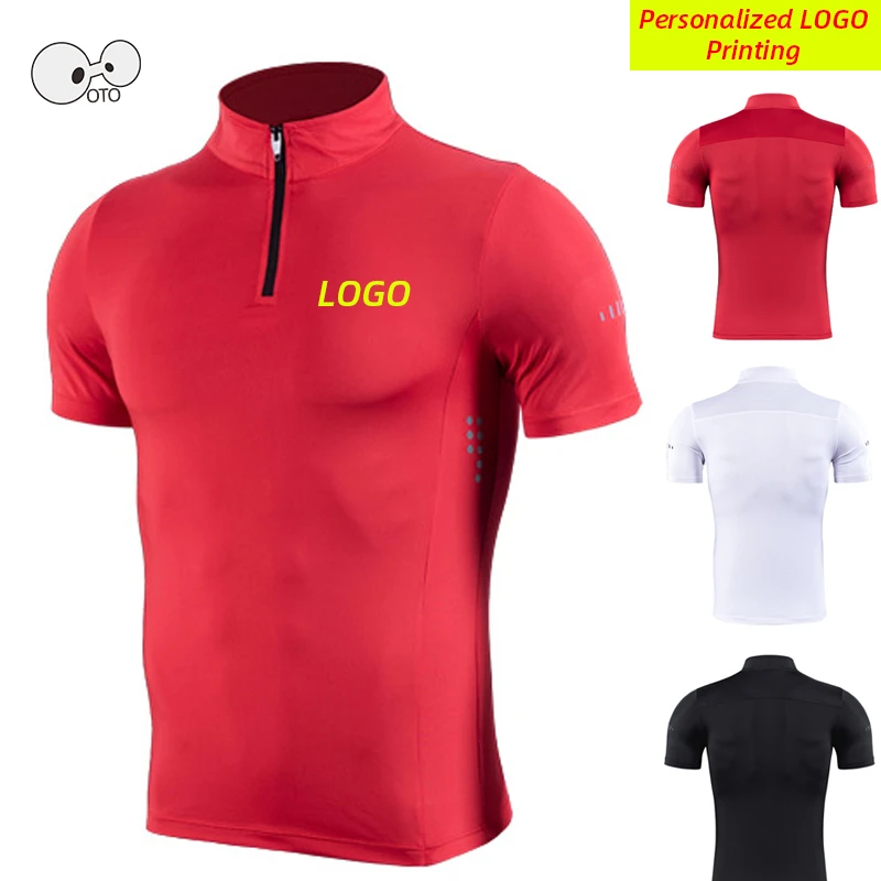 Short Sleeve Half Zipper Men's Running Shirt Quick Dry Stand Collar Gym Fitness T-shirts Stretch Sportswear Workout Tops Custom