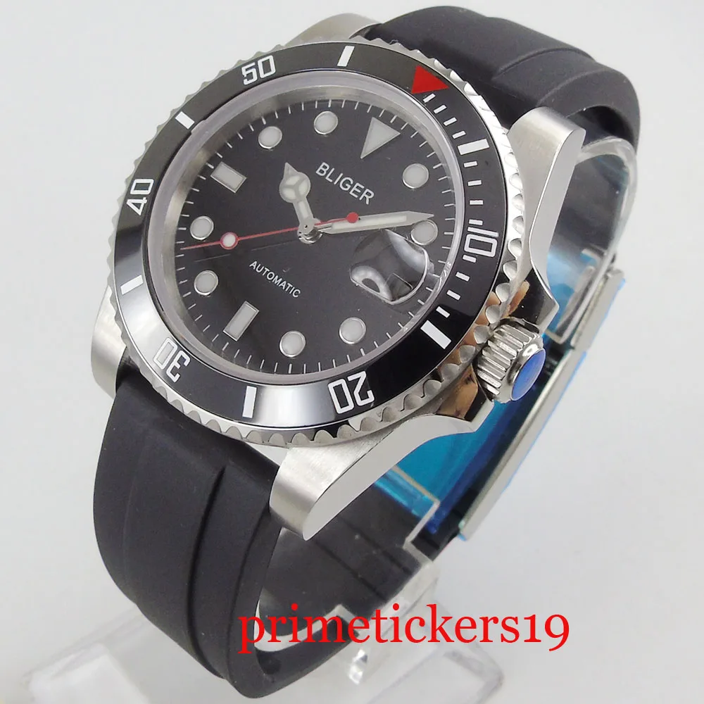 

40mm Black Dial Sapphire Crystal Auto Date NH35A MIYOTA 8215 PT5000 Movement Red Hand Rubber Strap