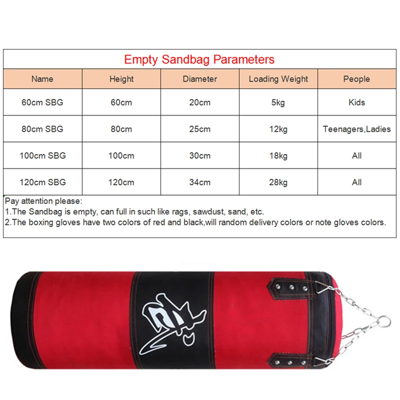 60cm 80cm 100cm 120cm Empty Boxing Punching Bag Hanging Kick Sandbag Boxing Training Fight Karate Sandbag with Wrist Guard Glove