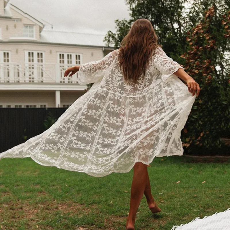 TEELYNN white lace Cardigan long blouse women bikini cover up vintage sexy boho beach See through summer vestido smock robe 2021