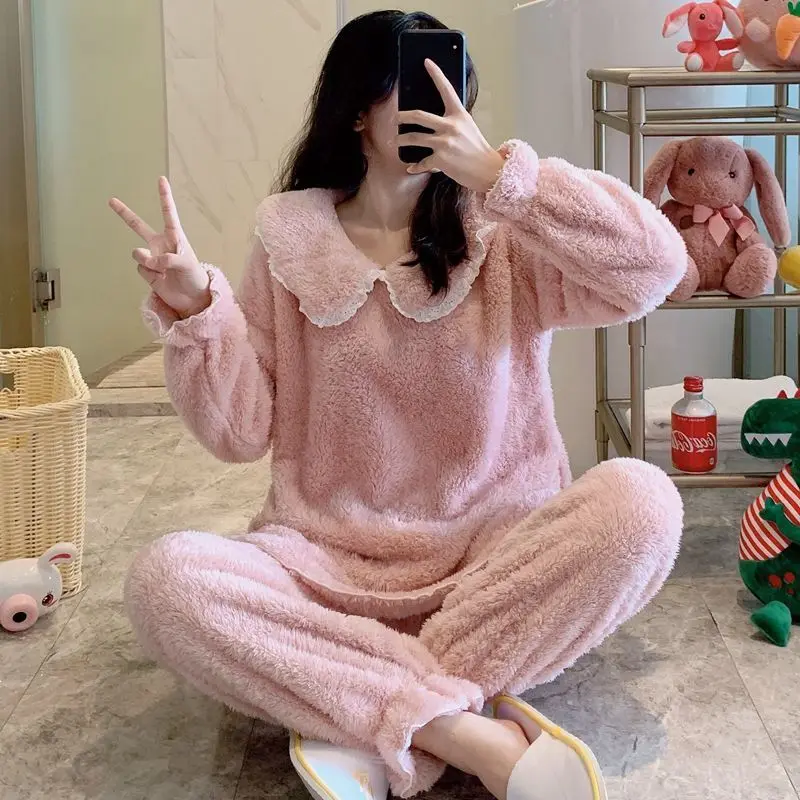 

Autumn Winter Pajamas Set Coral Fleece Nightgown Warm Nightwear Flannel Sleepwear Home Clothing Sexy Women Intimate Lingerie