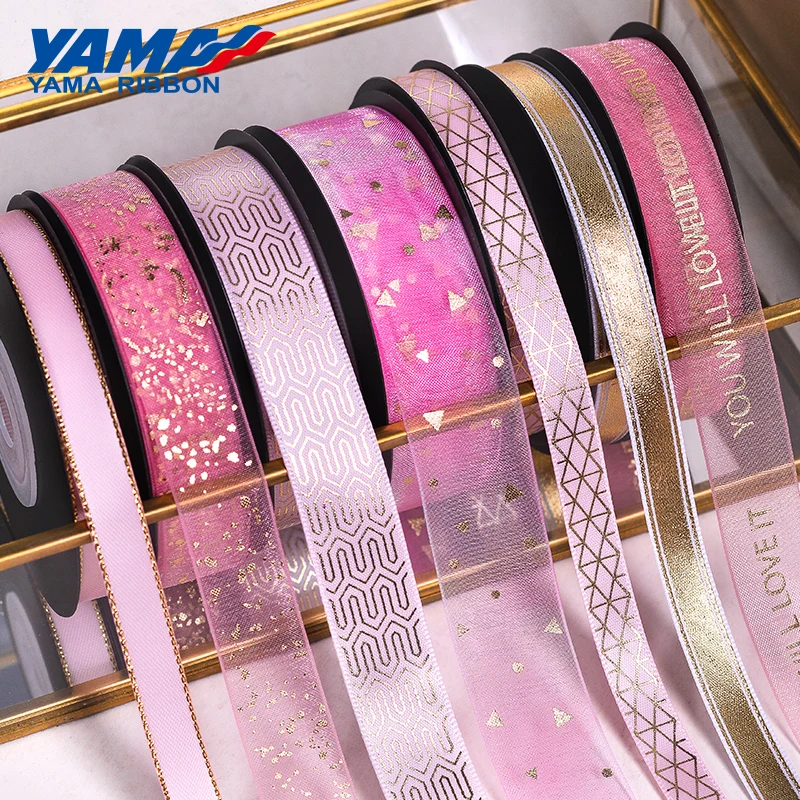 YAMA-Pink Series Satin Ribbon, Gold Foil Printed, Organza Ribbons, Wedding Gift, DIY Decoration, Craft Supplies, 10Yards/Roll