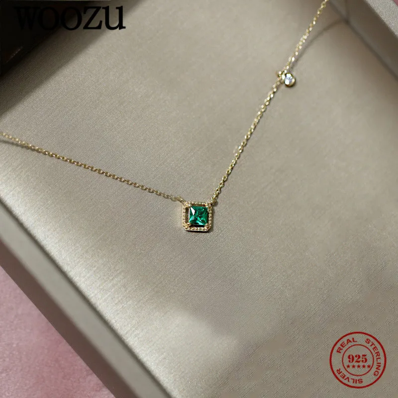 

WOOZU 925 Sterling Silver Square Green Zircon Clavicle Charm Pendant Necklace for Women Wedding 14k Gold Plated Jewelry Gift