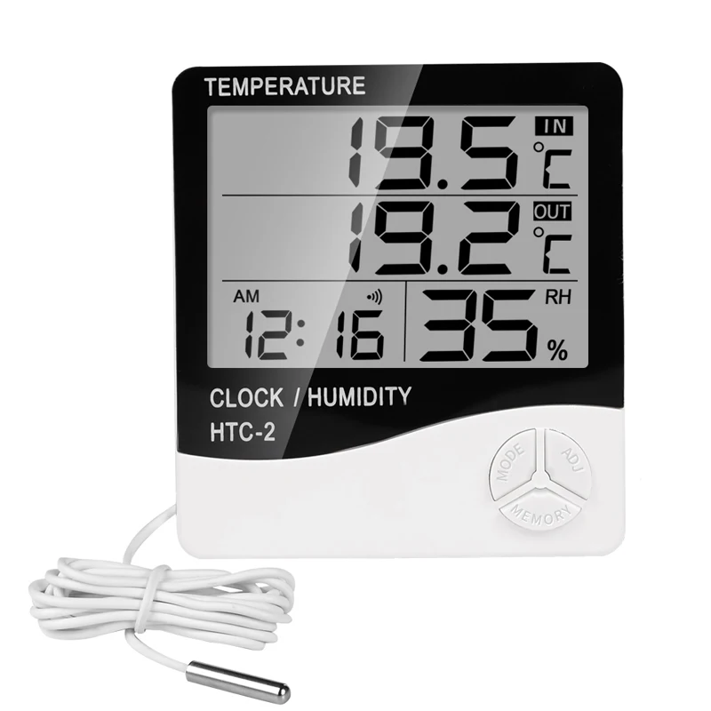 HTC-2 Indoor Room Digital Thermometer Hygrometer Electronic Humidity Temperature Meter Clock with External Outdoor Probe Sensor