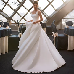 Lceland Poppy Customized A Line Square Neck Satin Wedding Dresses Sleeveless Floor Length Backless Bridal Gowns