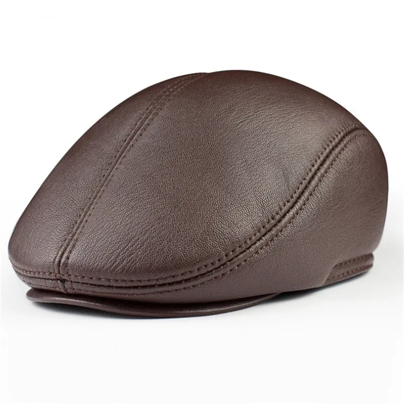 B-8653 Male Genuine Leather Visors Hat Men's Winter Warm Sheepskin Beret Cap Men Ear Protection Duck Tongue Forward Caps