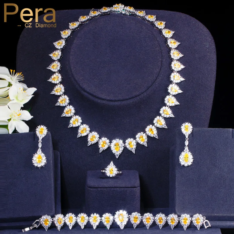 Pera Gorgeous Shiny Yellow CZ Water Drop Earrings Necklace Ring Bracelet Wedding 4Pcs Jewelry Sets for Women Bridal Party J355