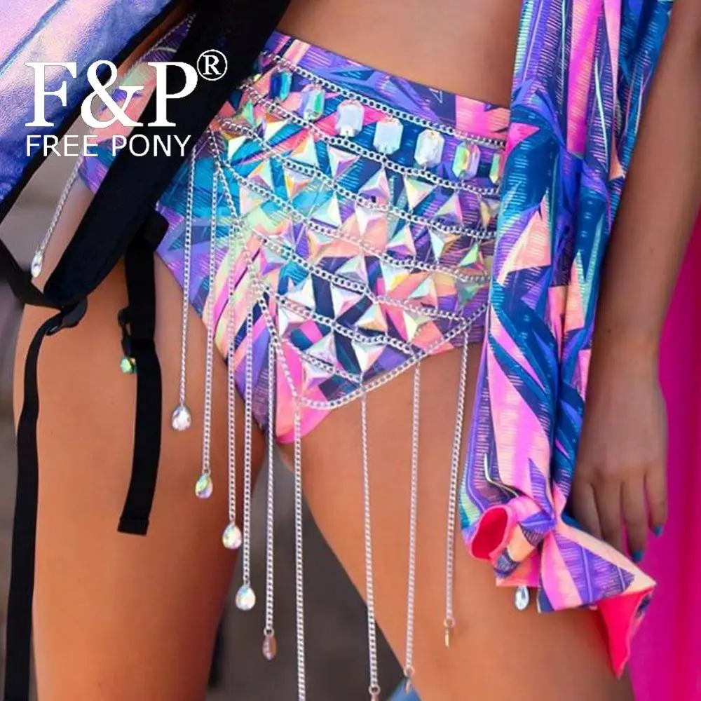 Holographic Crystal Rave Bodychain Skirt Bottom Burning Man Festival Pole Dance Costume Gogo Wear Clothes