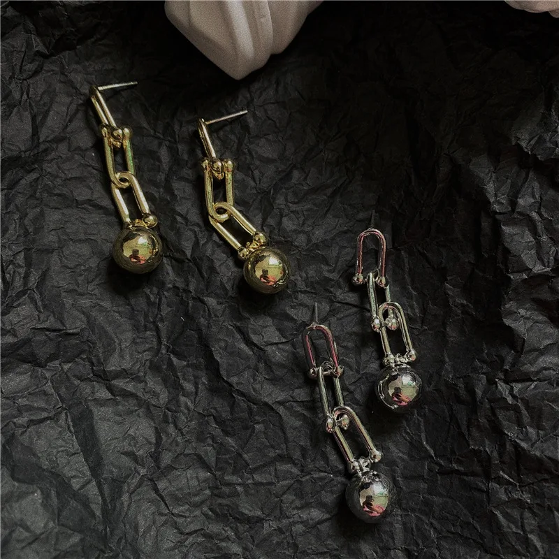 Vintage U Chains Stud Earrings for Women Punk Jewelry Gothic Metal Ball Earring Femme Brincos Hiphop Earrings Fashion Bijoux