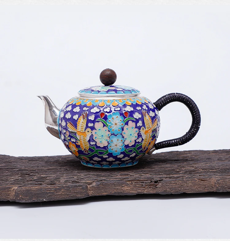 CloisonneTea set Pure Silver Master Grade 999 Handicraft  Silver Fetal Silk Enamel Silver Pot Small Tea cup Kung fu Tea set