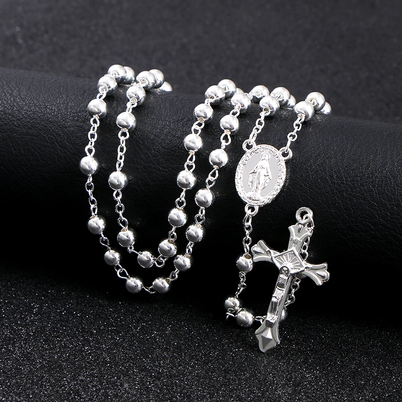 KOMi Religious Catholic Metal Rosary Small Beads Necklace Men Women Jesus Cross Pendant Chains Prayer Jewelry Gift Collana R-396