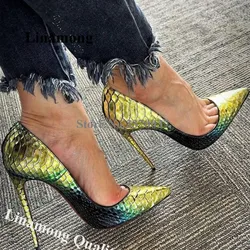 Linamong Sexy Pointed Toe Yellow Green Gradient Snake Leather Stiletto Heel Pumps Slip-on 8cm 10cm 12cm High Heels Club Heels